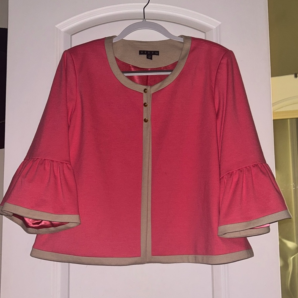 Vesti Womens Pink Ruffled Bell Sleeve Office Jacket Blazer sz 14